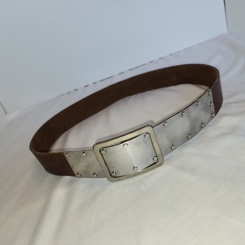 Brown Leather Belt Size 34-36  1.75 Inches Wide studded 1970-80s